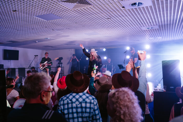 Country singer performing with stage lighting