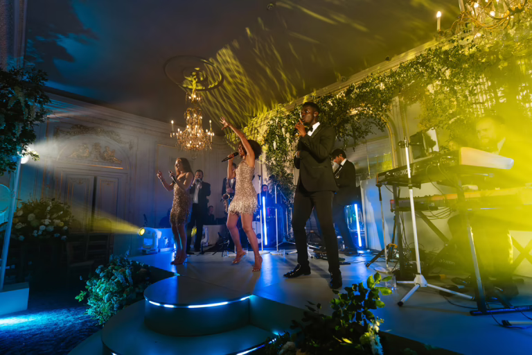 Live band performing on custom built stage with light show