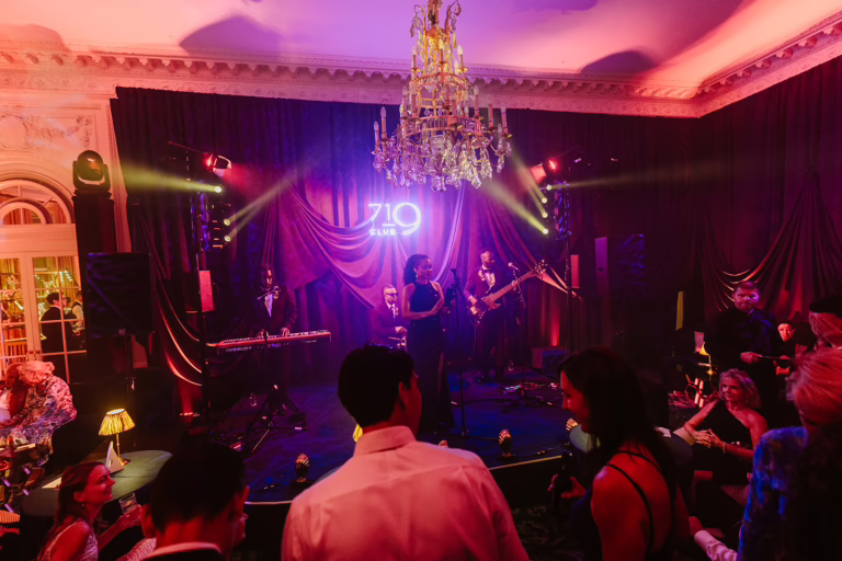 Jazz band performing on stage with mood lighting