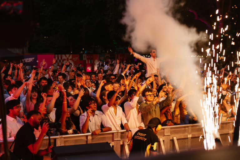 Festival-style stage production London with lasers, CO2 cannons and spark effects