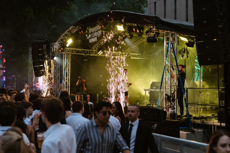 Festival-style stage production London with lasers, CO2 cannons and spark effects