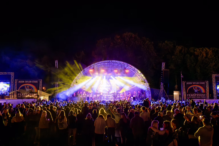 Main stage with dynamic lighting and haze