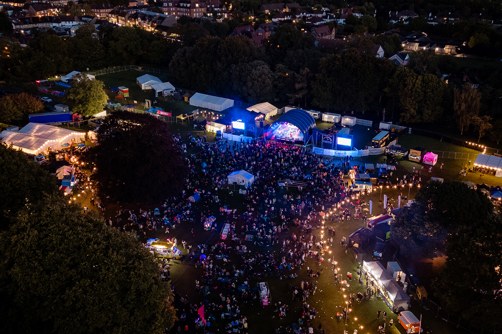 Aerial view of festival crowd at night